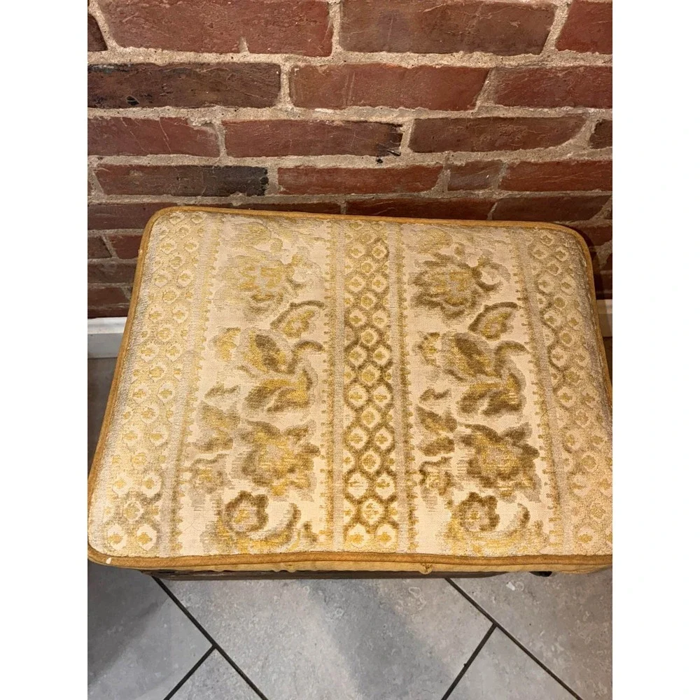 MCM Small Gold Cut‎ Velvet Brass Leg Footstool Ottoman